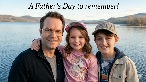 A dad with his son and daughter by the lake celebrating Father's Day